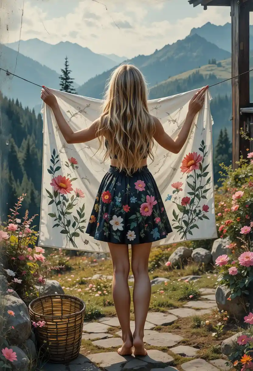 Girl hanging laundry in a mountain cottage yard