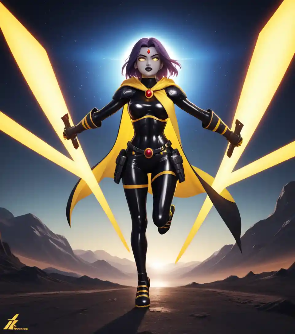 Futuristic giant warrior woman in glowing space armor