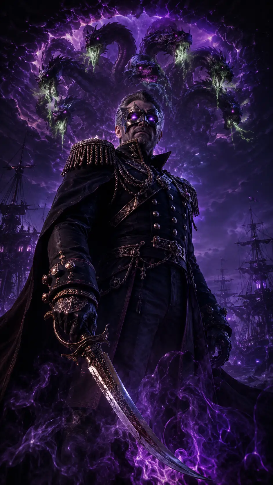Masked fantasy commander in dark military uniform