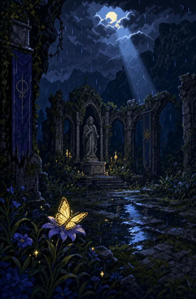 Pixel art ruined sanctuary with glowing butterfly in rain