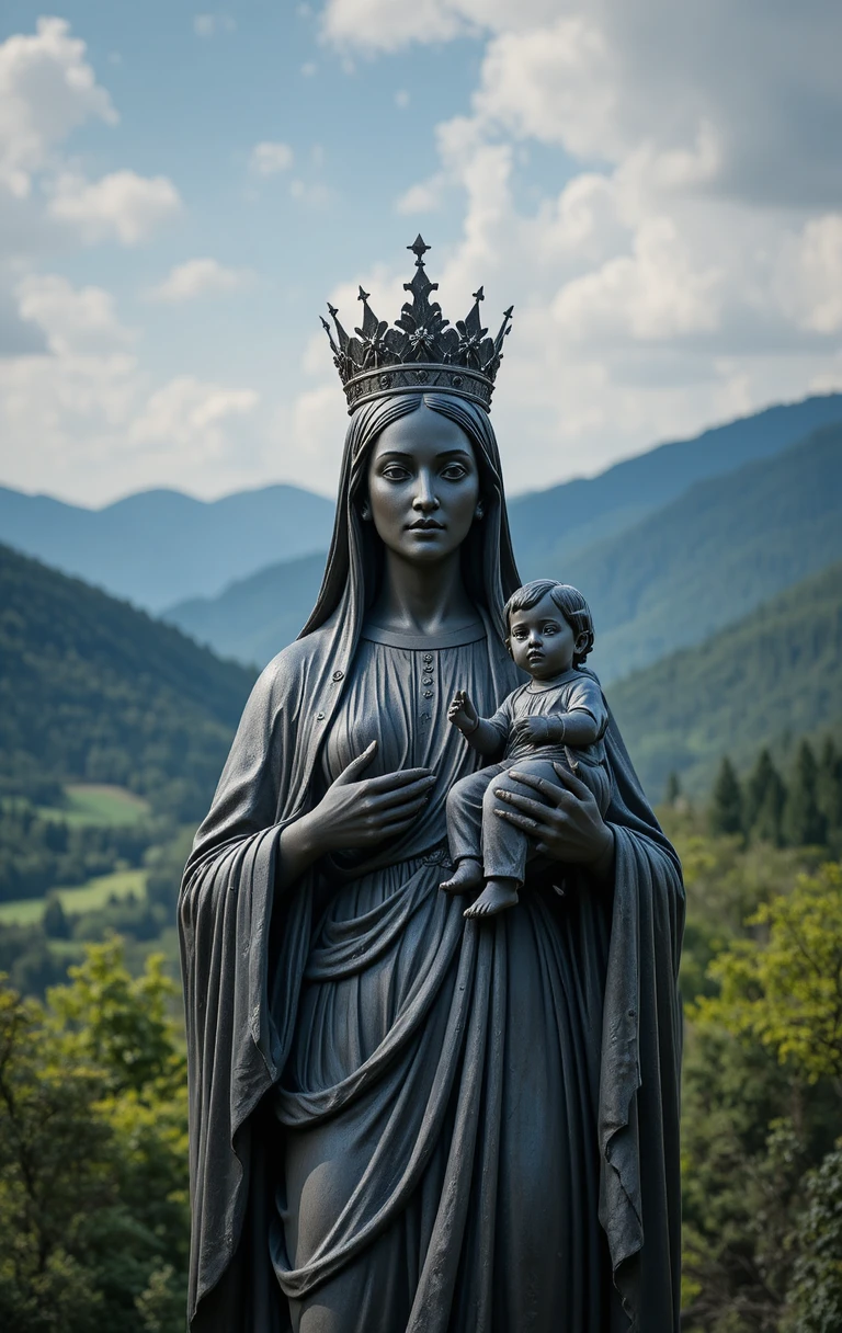 Estátua da Virgem Maria com o Menino Jesus em paisagem montanhosa