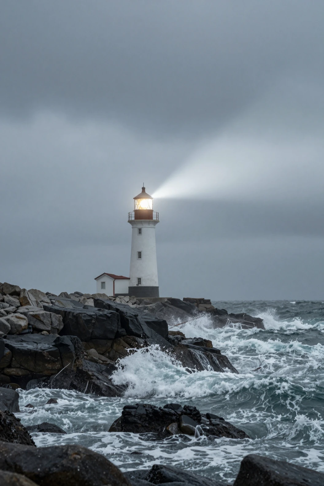 Lighthouse On Rocky Coast In Fog And Stormy Seas