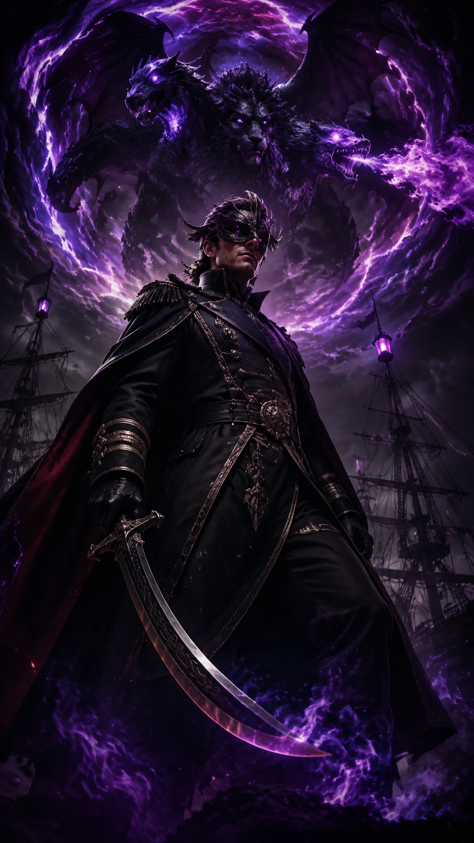 Masked military commander in dark fantasy low angle portrait