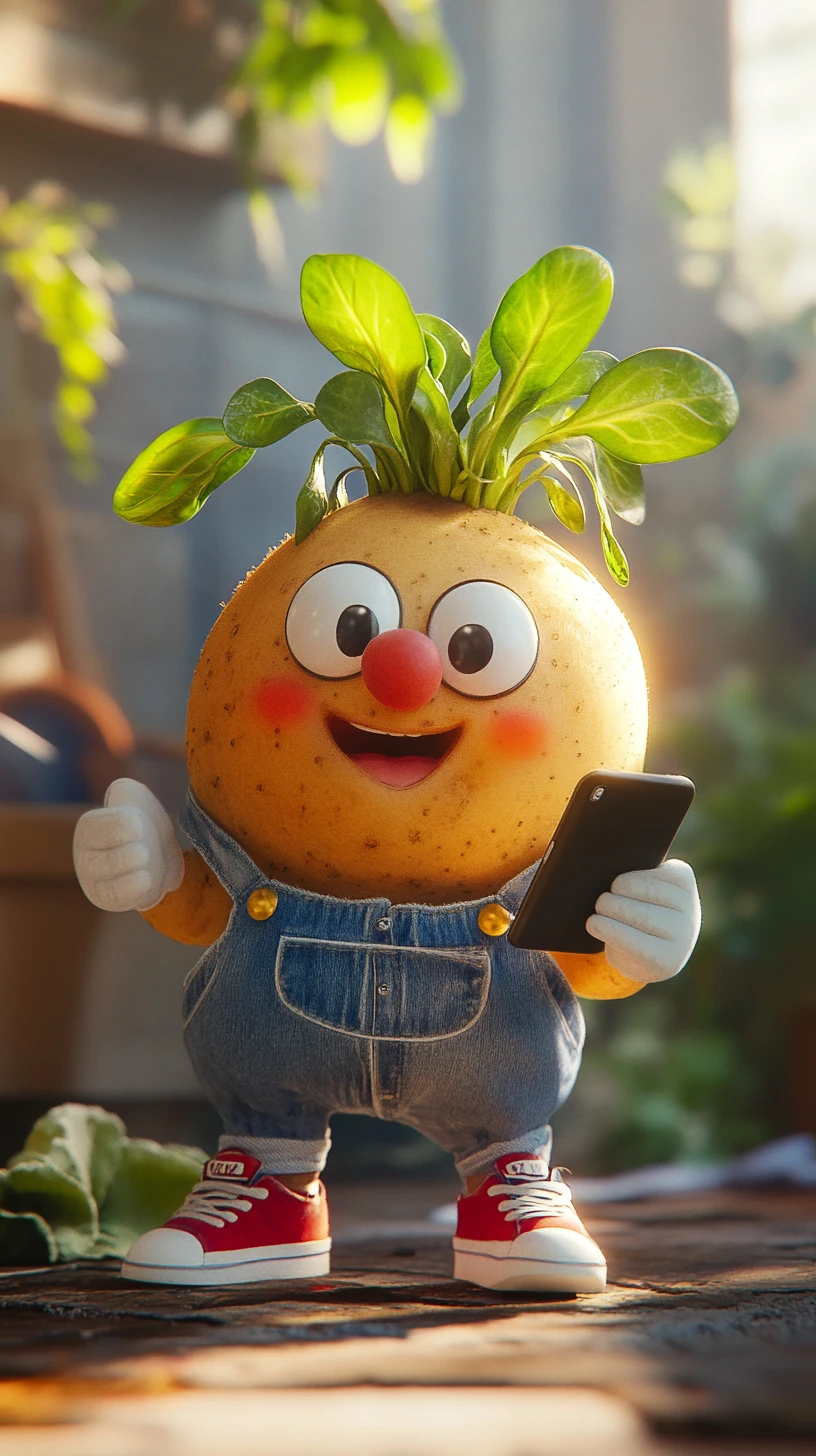 Personagem de batata em desenho animado com telefone e jardineira jeans
