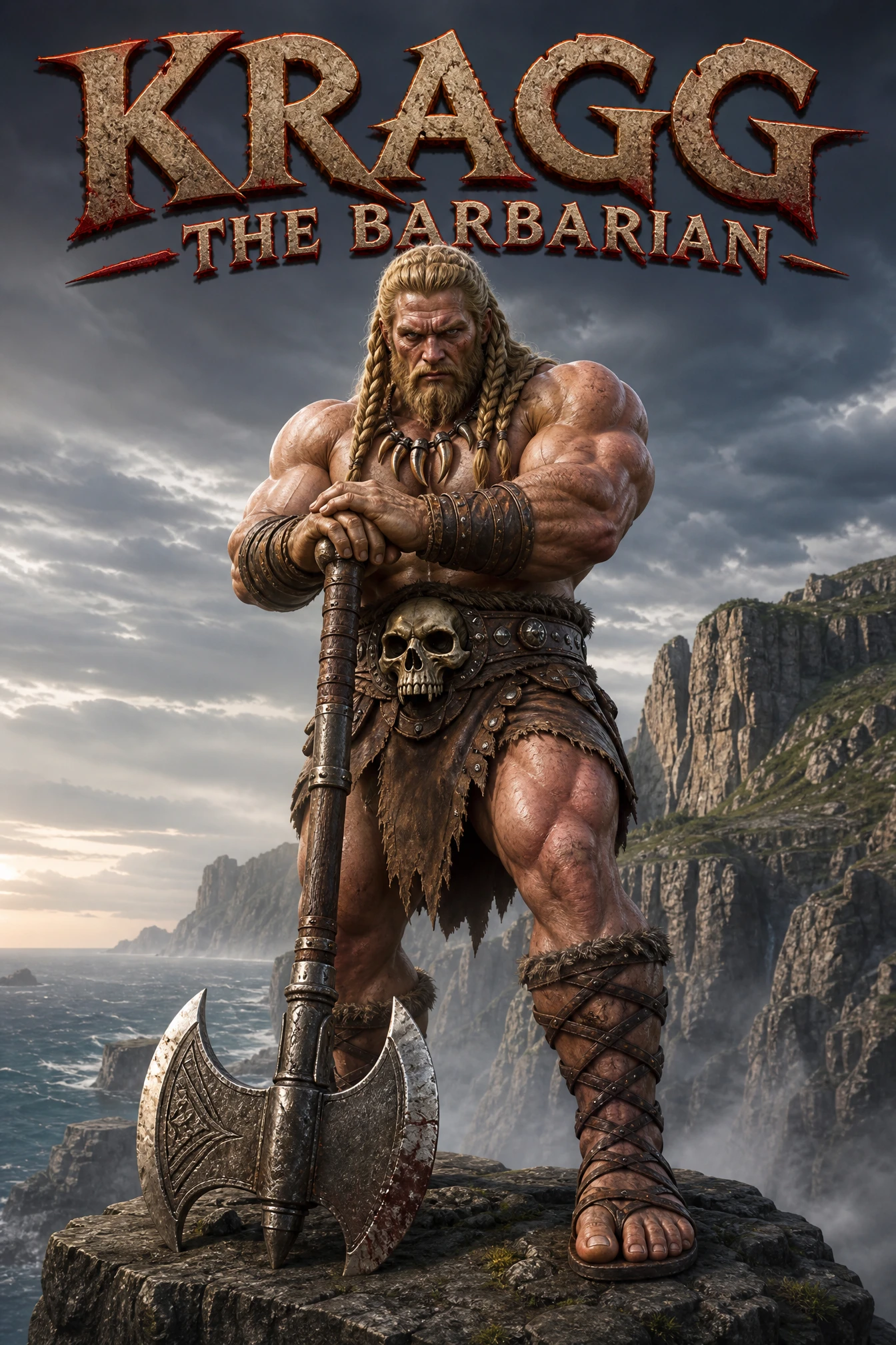 Guerreiro bárbaro musculoso em um penhasco rochoso com machado de batalha