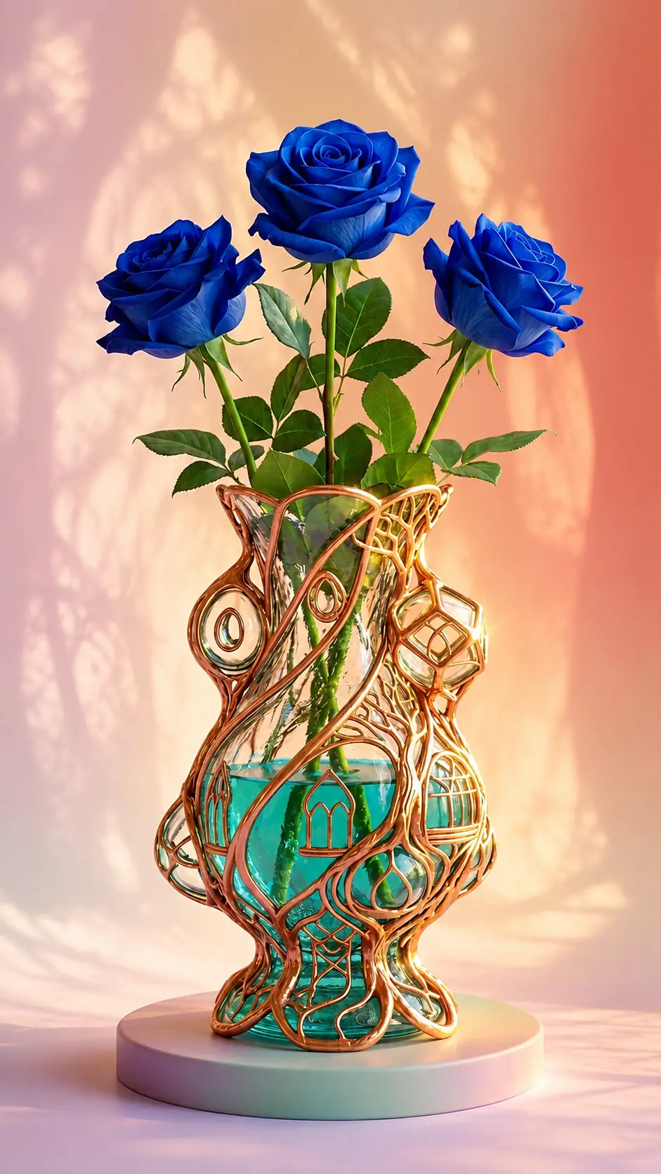 Surreal glass vase with blue roses and sunlight