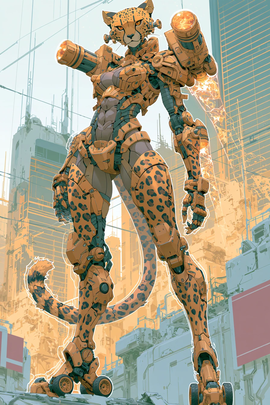 Große Anime-Mech-Kriegerin in Geparden-Rüstung