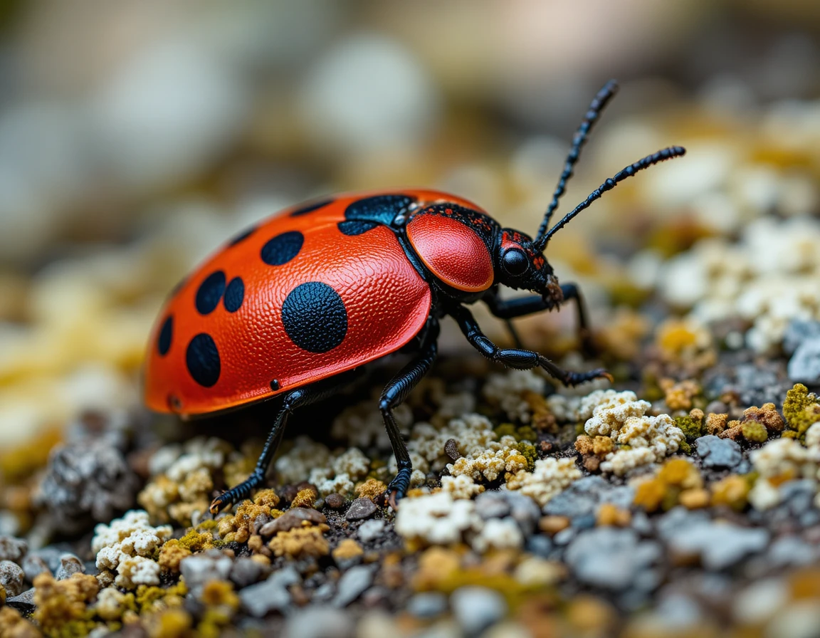 Vista macro di una cimice rossa e nera sul lichene