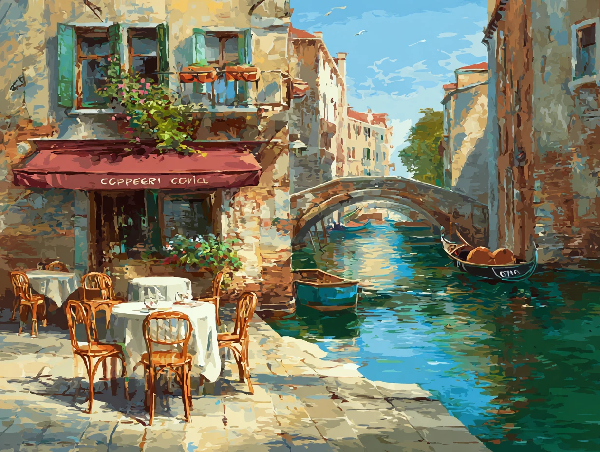 Café am Kanal in Venedig mit sonnigem Blick auf Gondeln