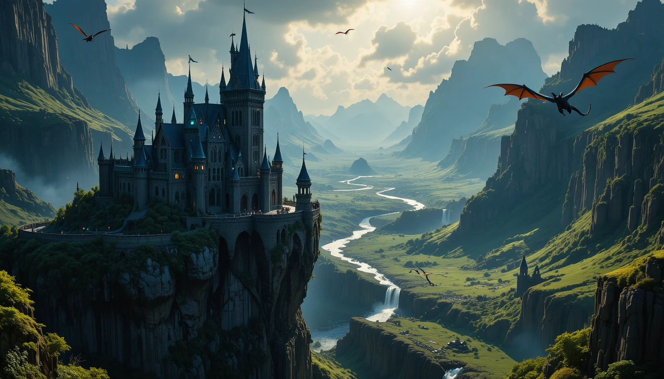 Vista aérea épica de um castelo sombrio de fantasia no penhasco