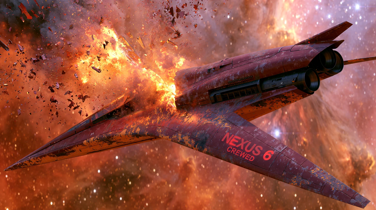 Exploding Burgundy Attack Spaceship Near The Orion Nebula