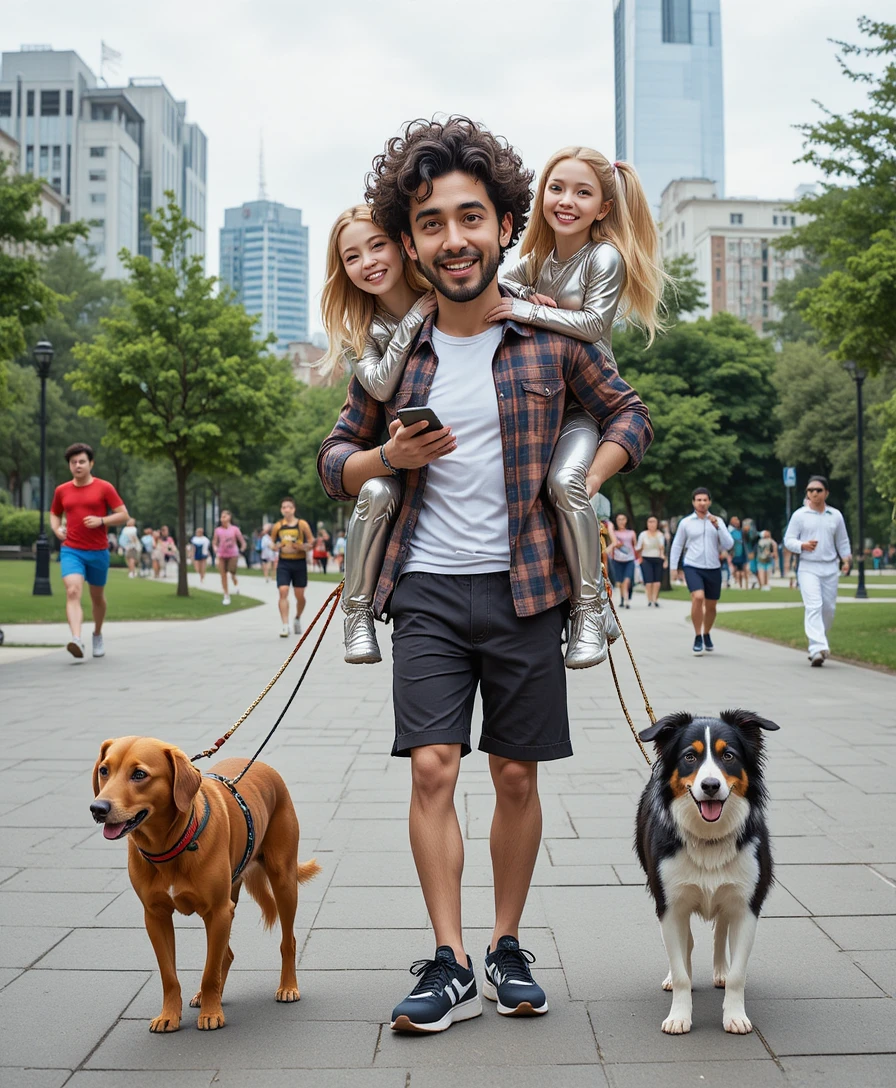Homem carregando amigos e passeando com cachorros em parque da cidade