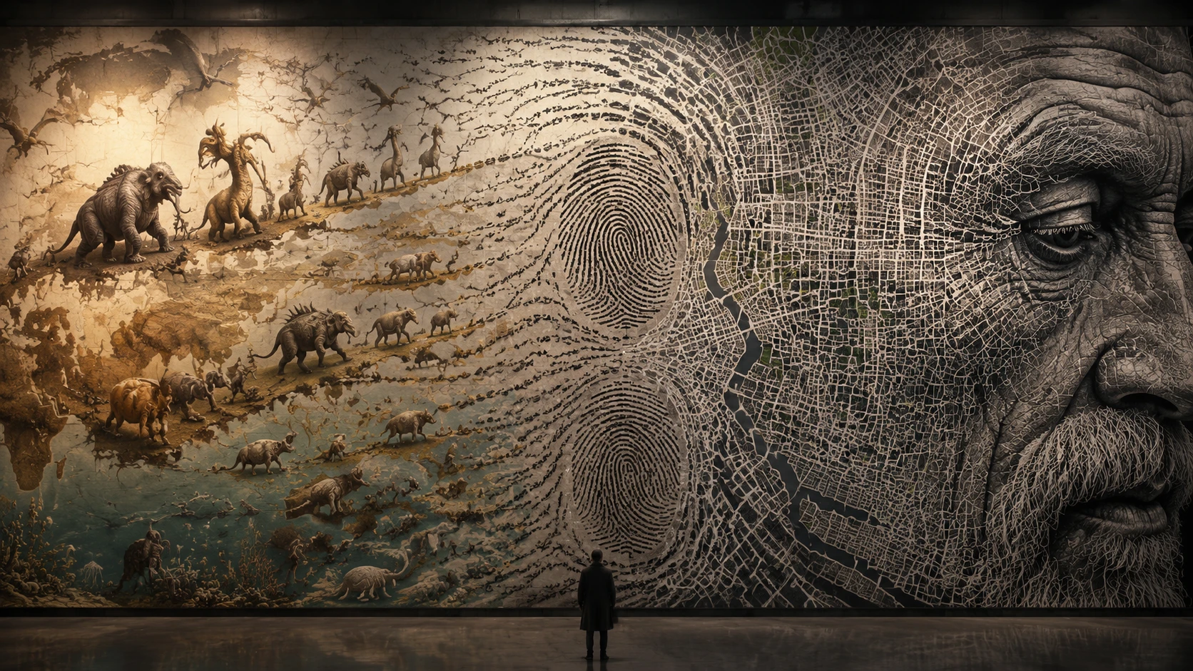 Enorme mural de animais do futuro atravessando continentes antigos