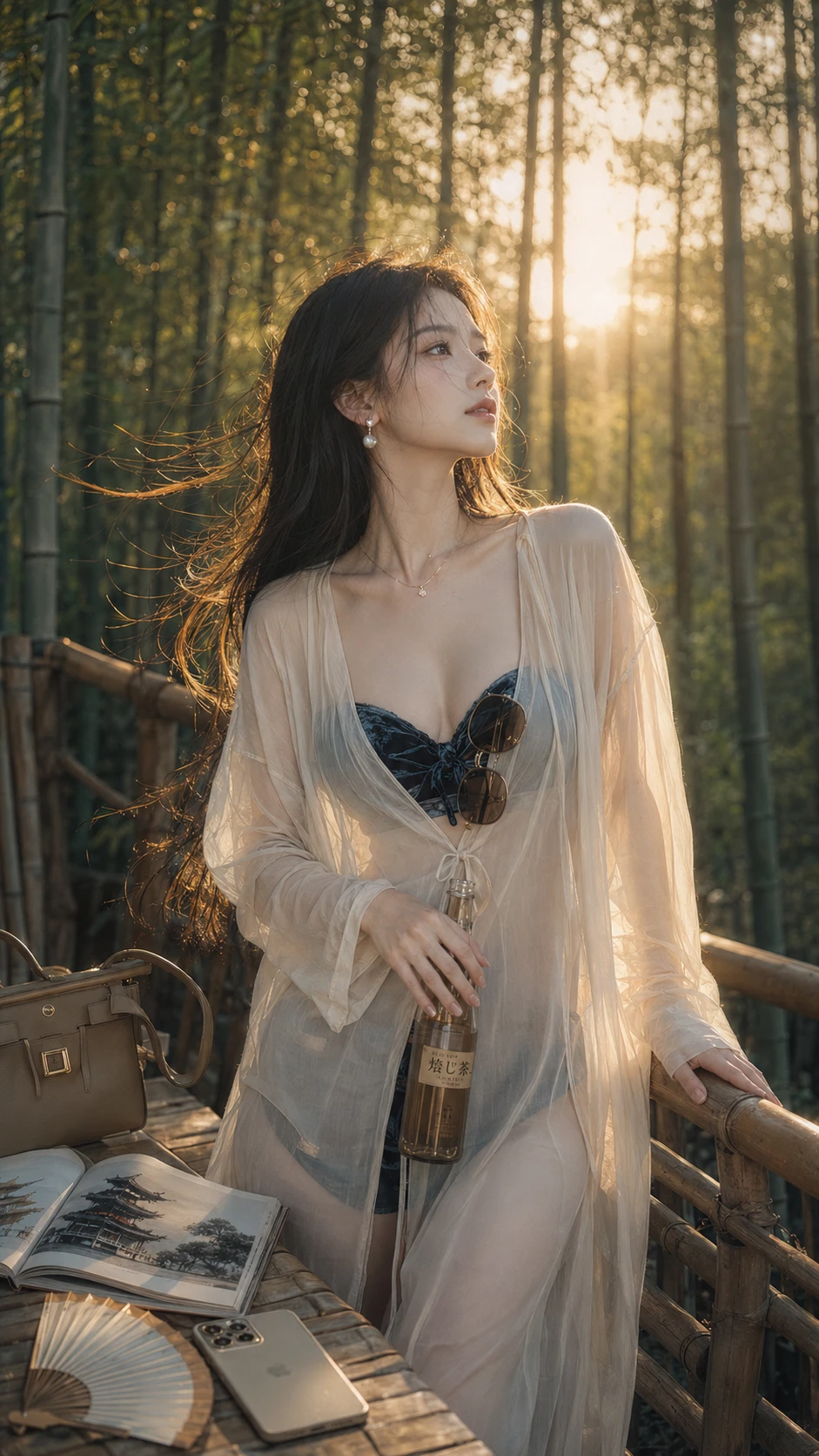 Romantic cinematic portrait of a woman in bamboo forest