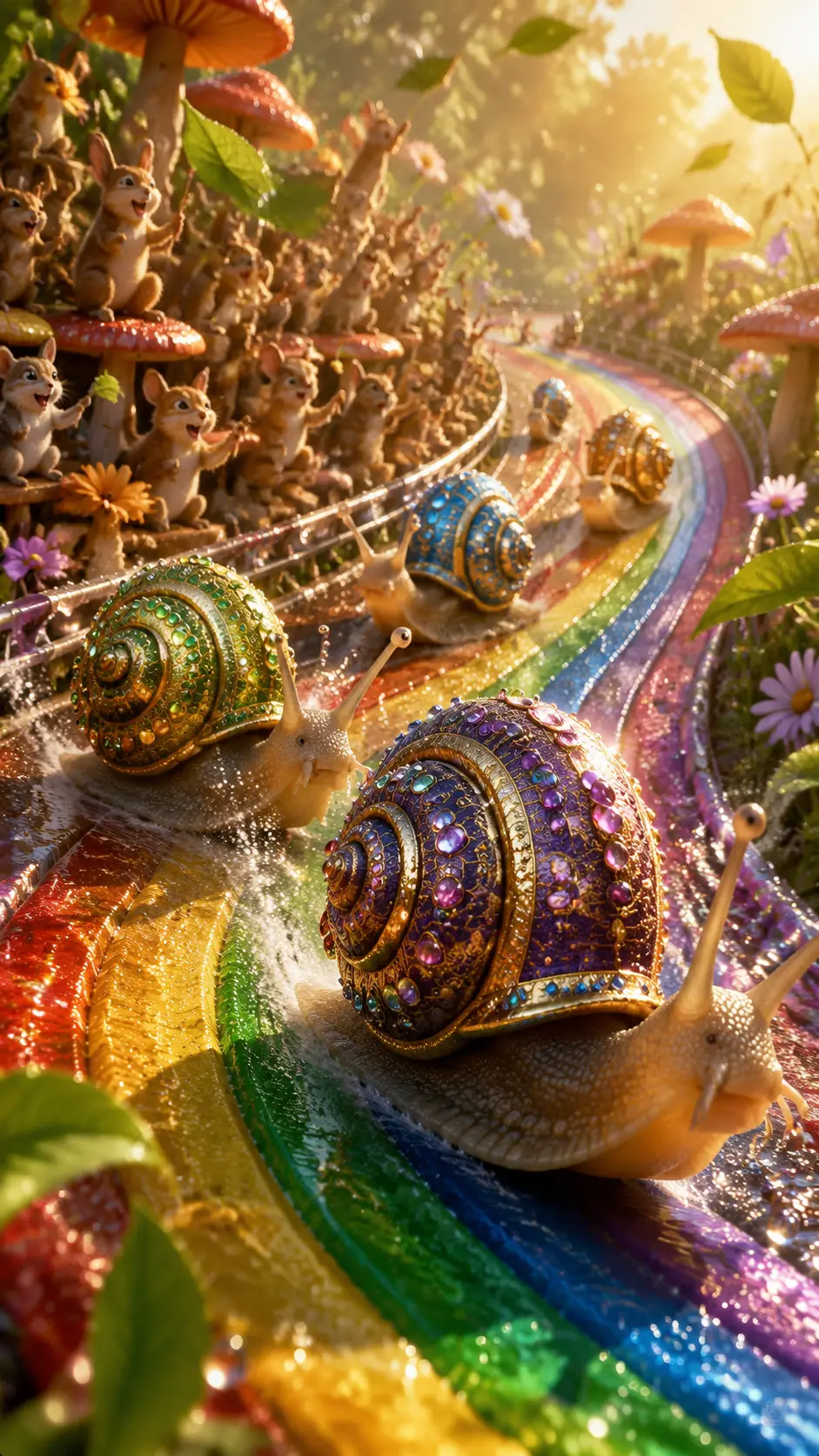 Fantastica corsa di lumache su pista arcobaleno all'alba