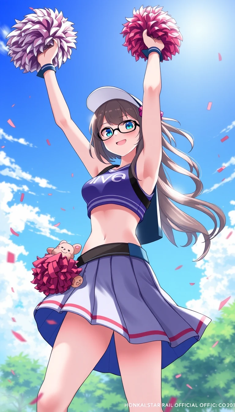 Cheerful Anime Cheerleader Girl Under A Bright Blue Sky