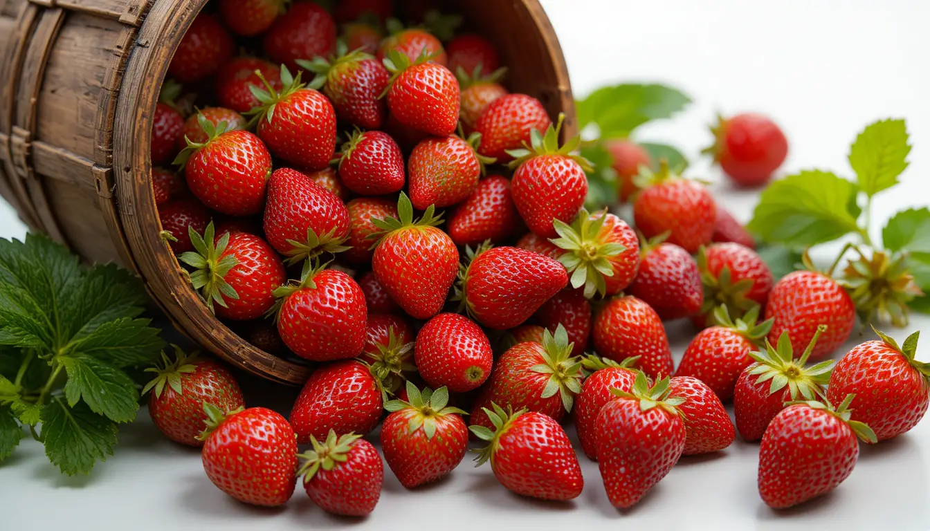 Rustic bucket filled with ripe strawberries on white background