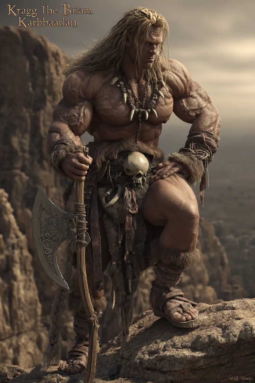 Barbarian warrior on cliff with battle axe and skull belt