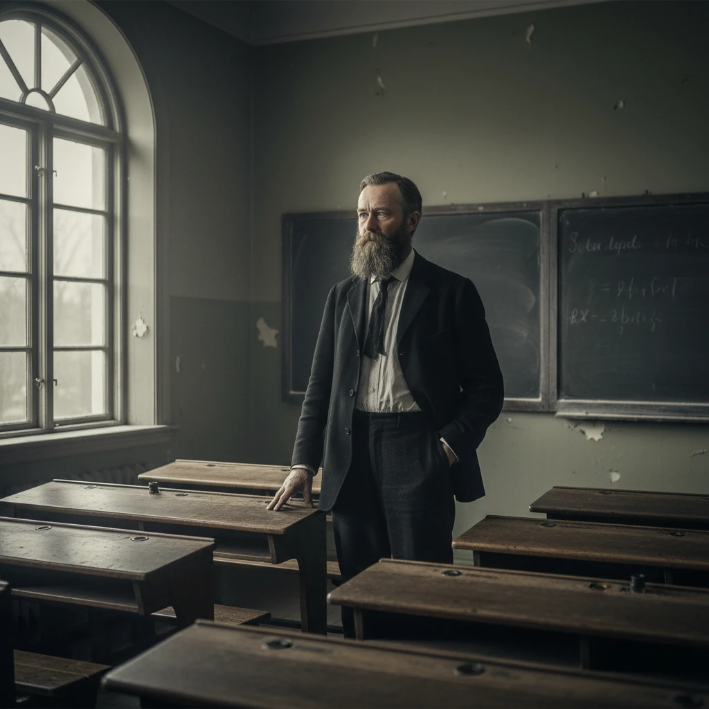 Rigorosa professora sueca em uma sala de aula sombria de 1918