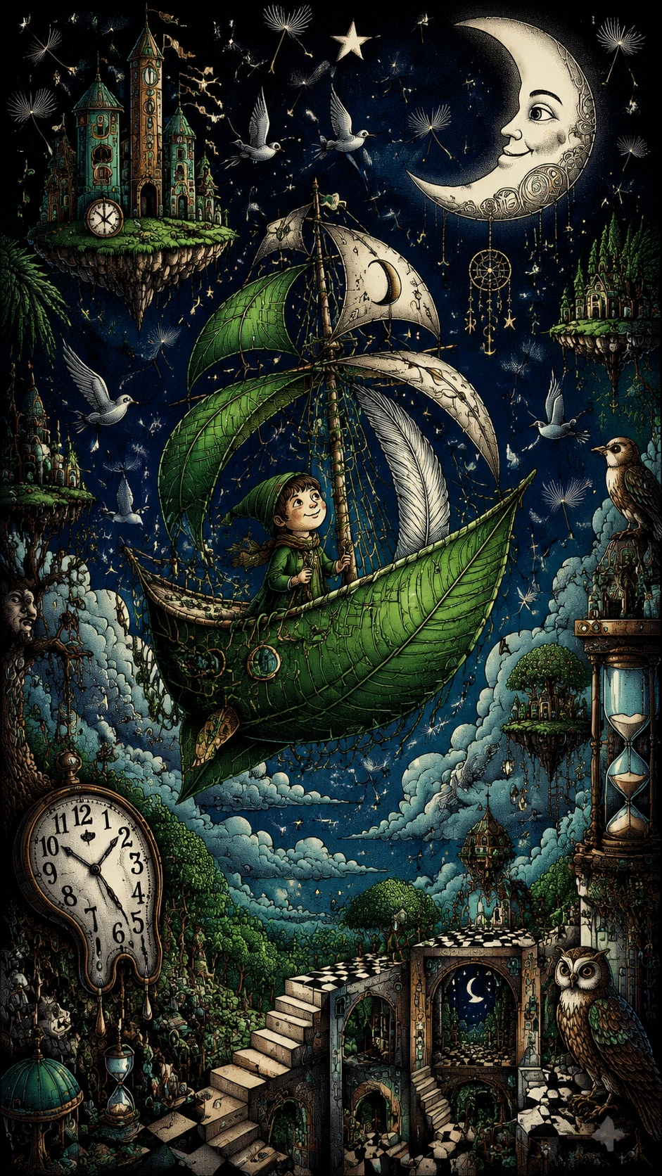 Enfant naviguant dans un bateau de feuille et de plume à travers les cieux nocturnes
