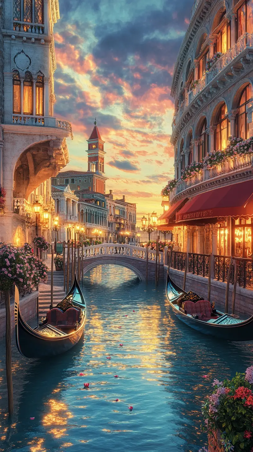 Romantic Venetian Canal At Twilight With Gondolas
