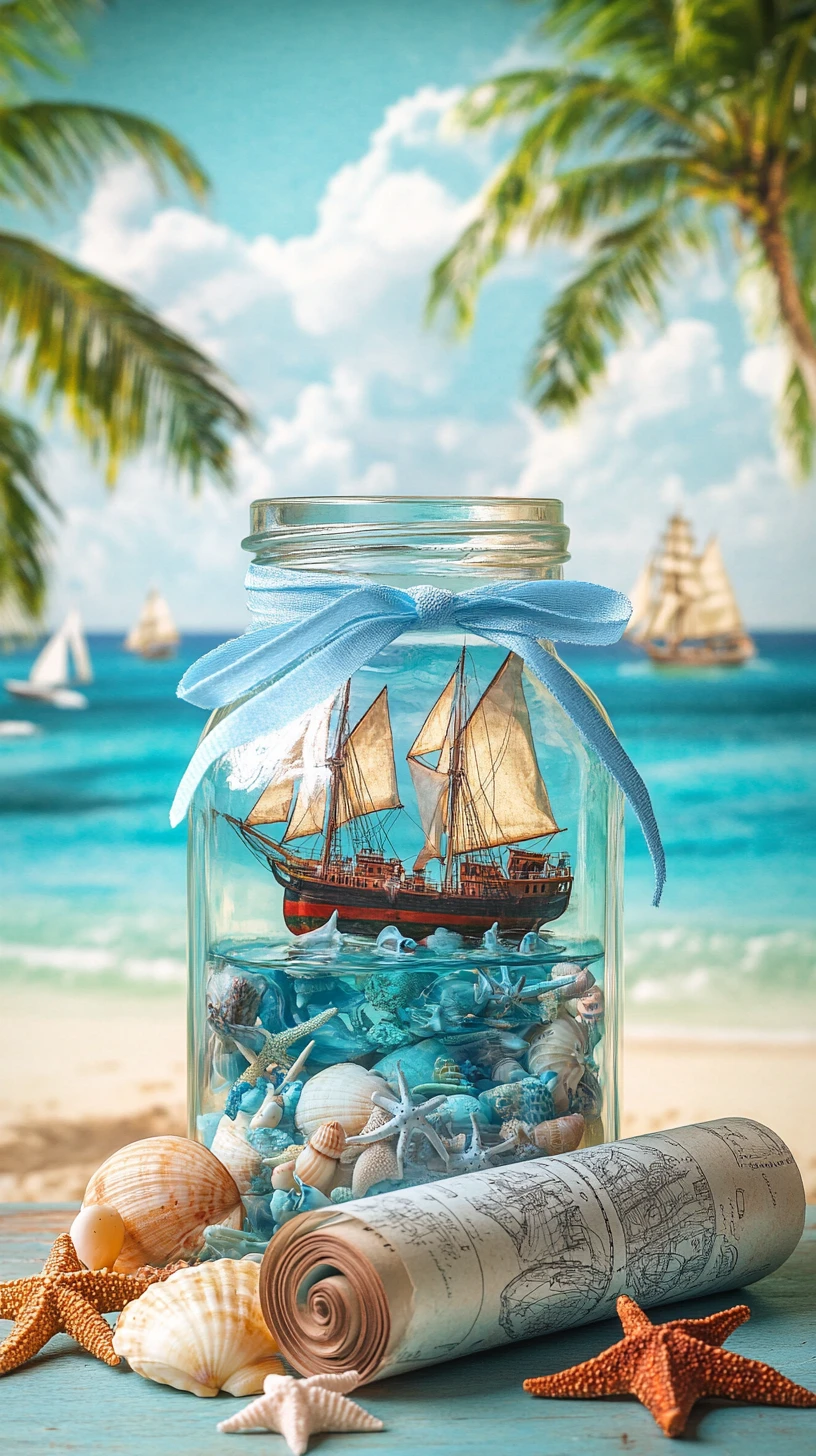Miniatur-Segelschiffe, die in einem Glas am Strand treiben
