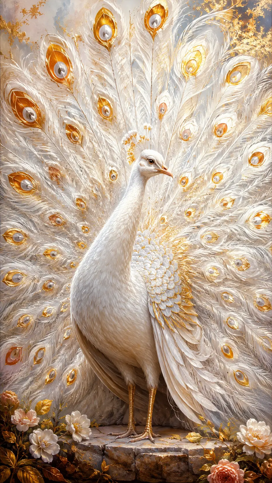 Majestic white peacock painting with vibrant shimmering feathers