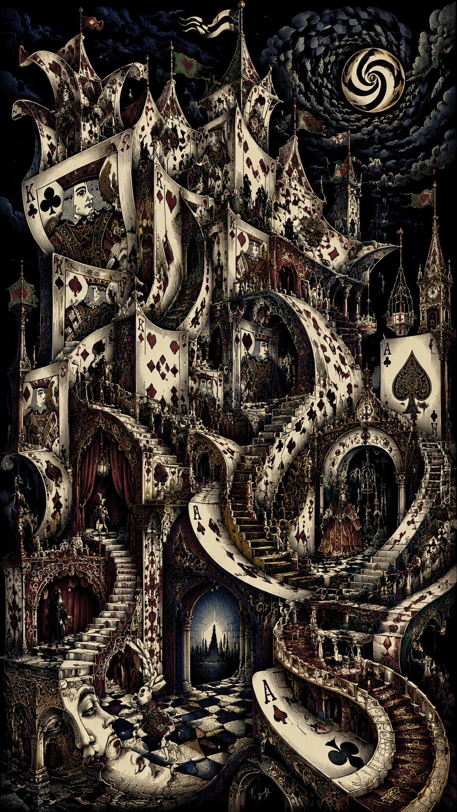 Surrealer gotischer Palast aus emporragenden Spielkarten