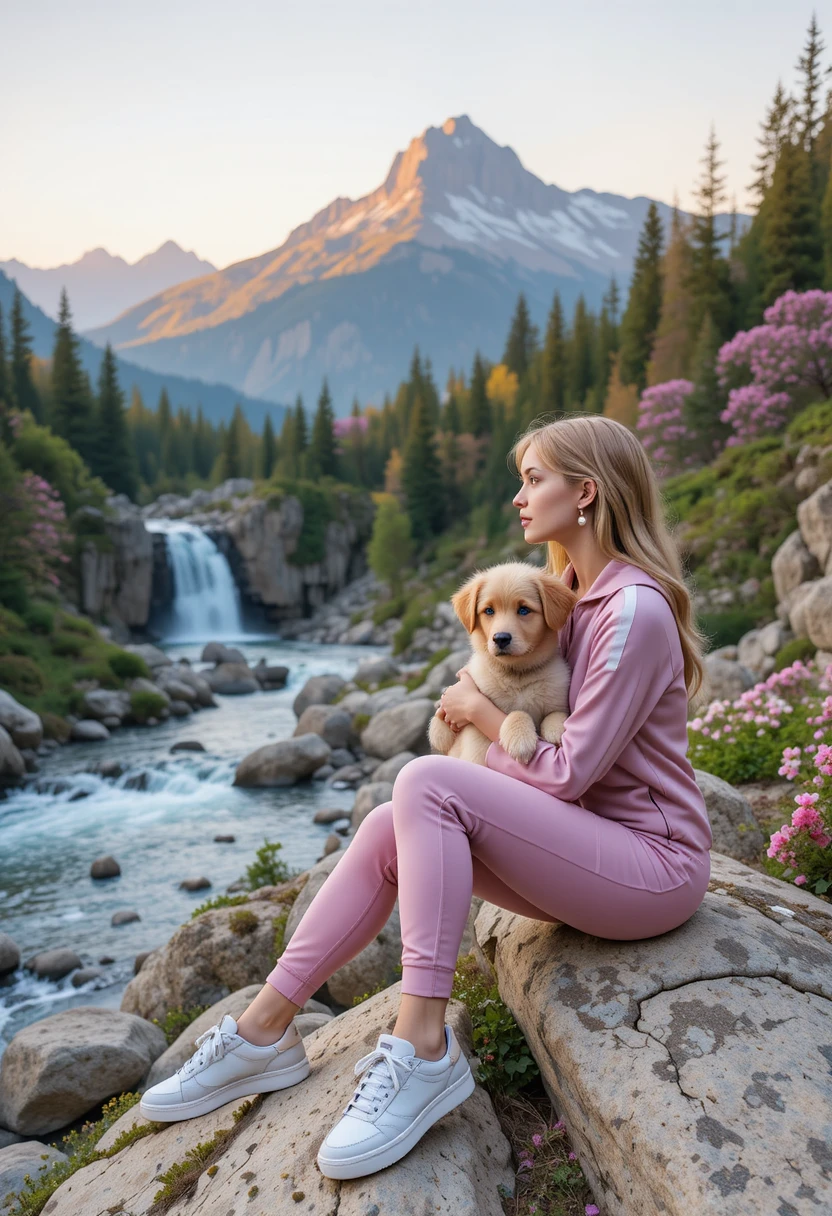 春の夜明け、山の川辺にいる子犬と少女