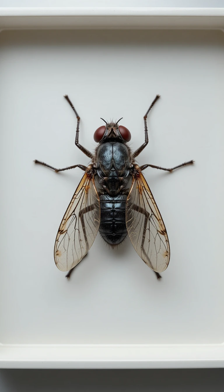 Vista macro de una mosca doméstica muerta sobre una bandeja de laboratorio blanca