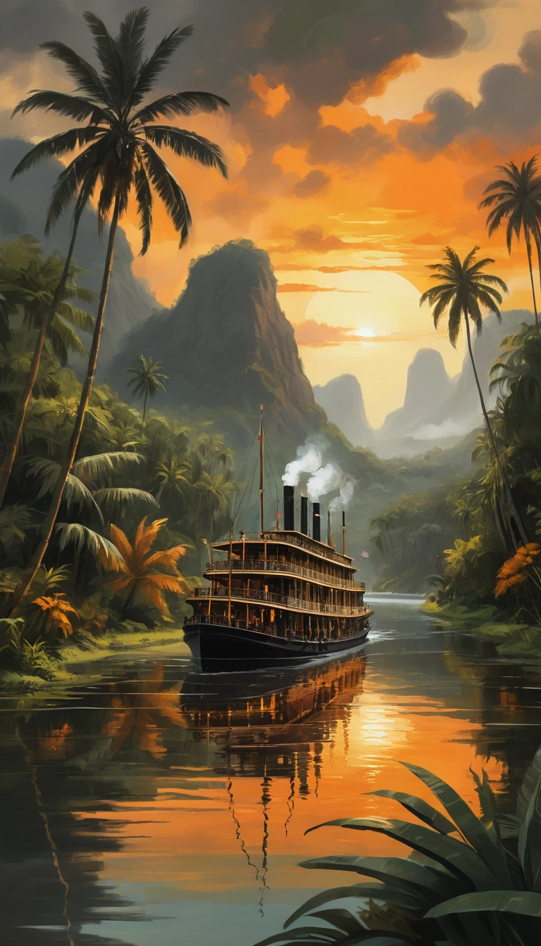 Imponente navio a vapor em um rio de selva tranquilo ao pôr do sol