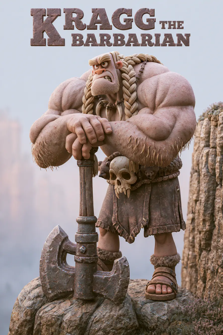 Muscular barbarian warrior with axe on cliffside rock