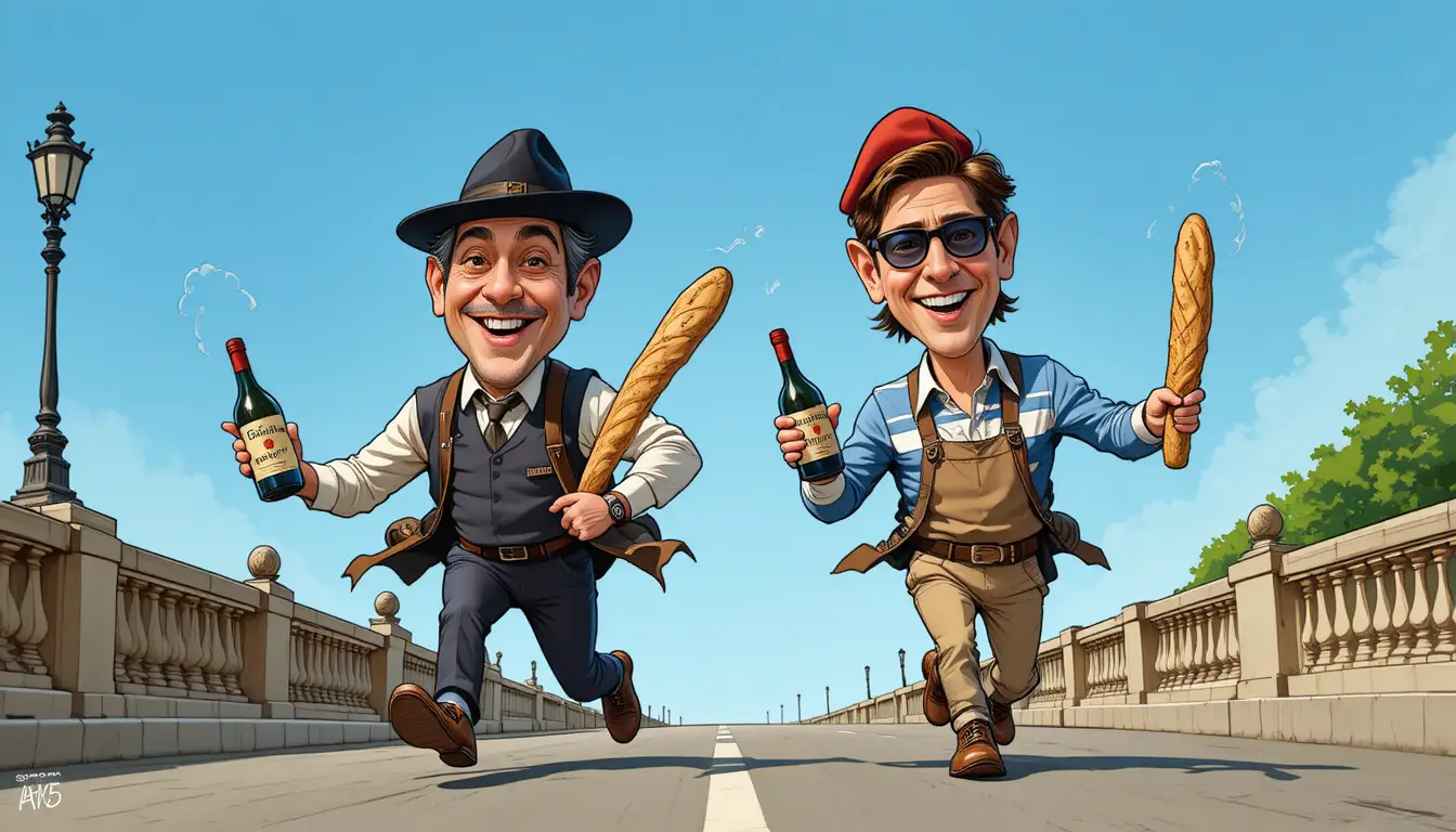 Fröhliche französische Cartoon-Winzer, die mit Wein und Brot laufen