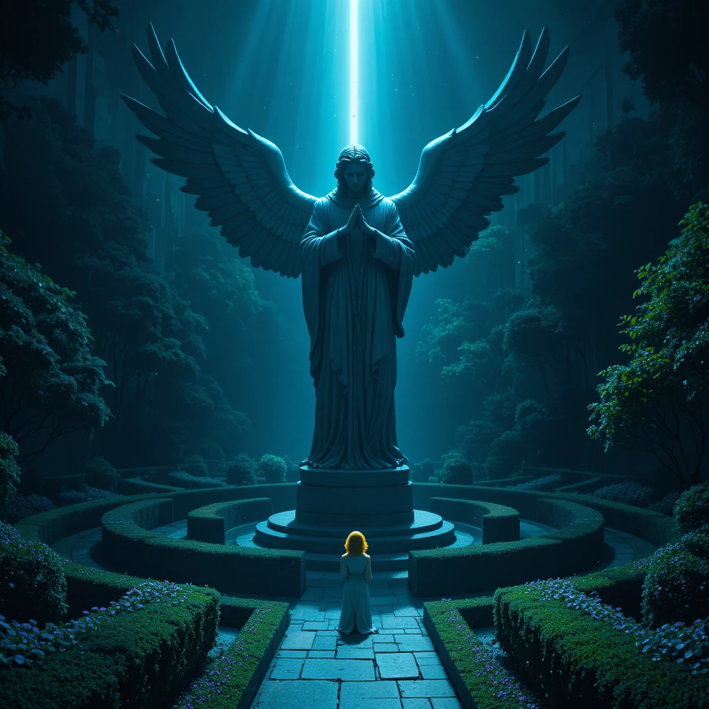 Stone angel statue in a dark circular garden maze