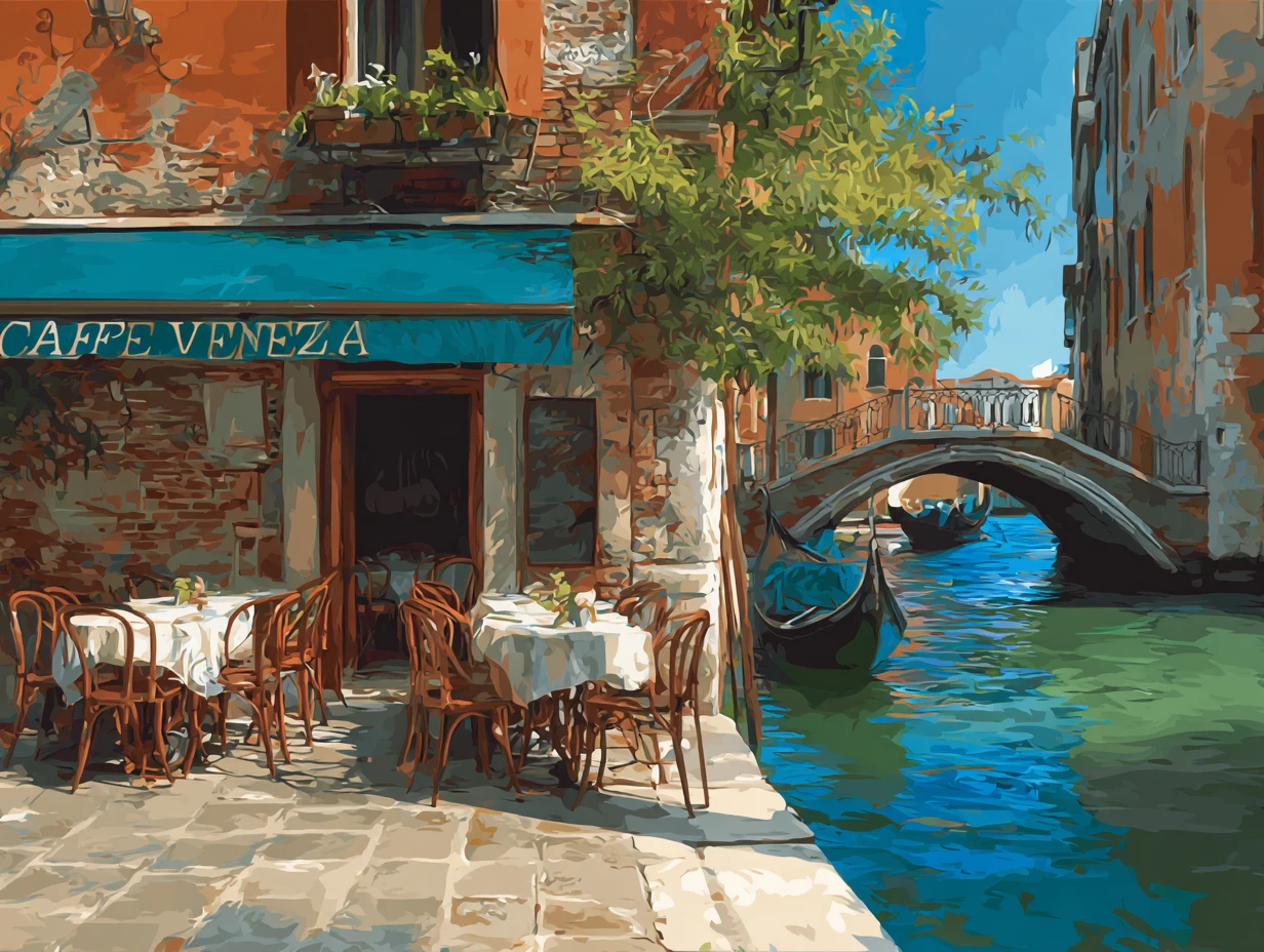 Kanalcafé in Venedig mit Gondel und Brücke