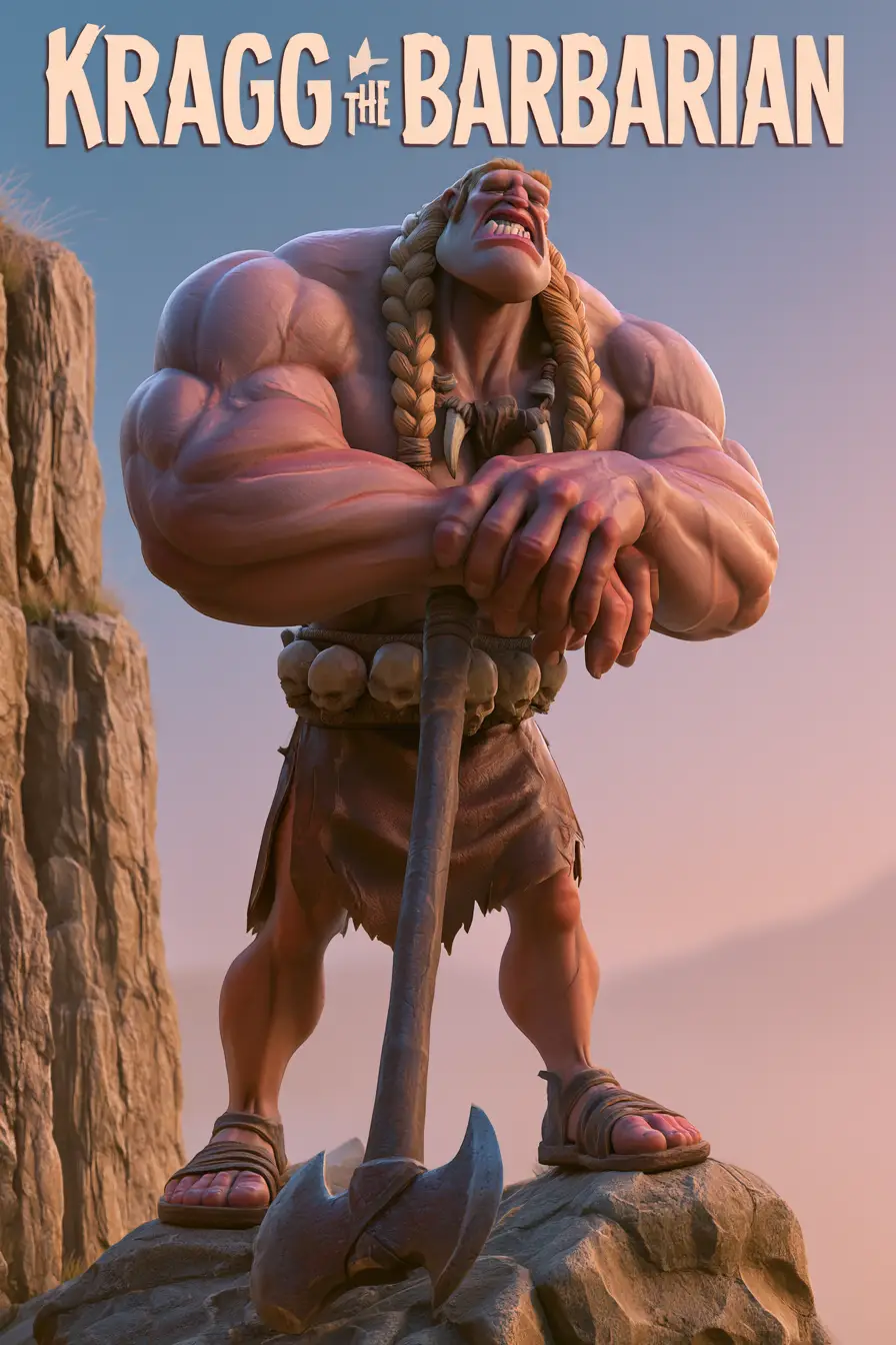 Muscular barbarian warrior on a cliff with battle axe