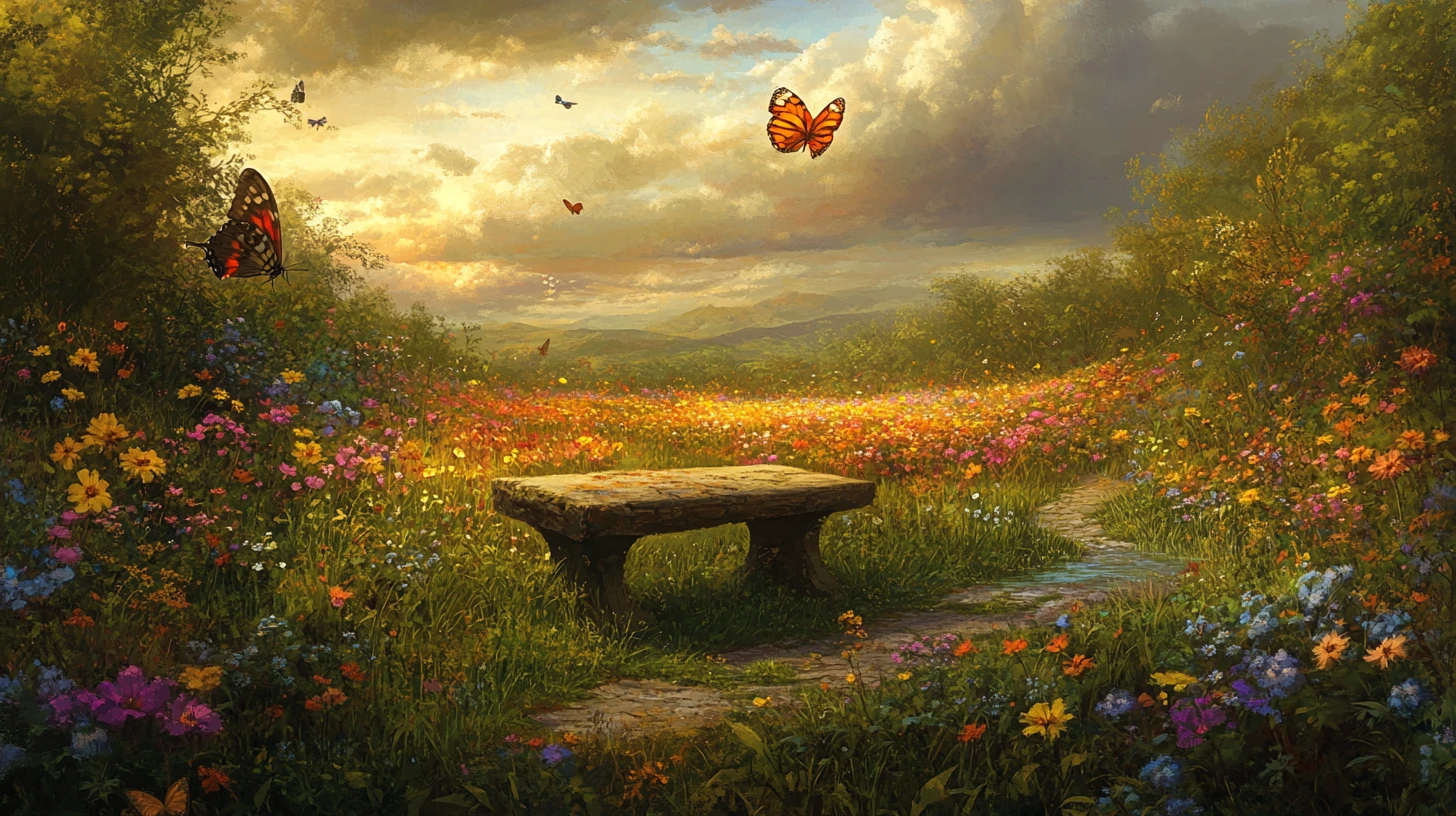 Wildflower meadow gently encircling a quiet stone bench