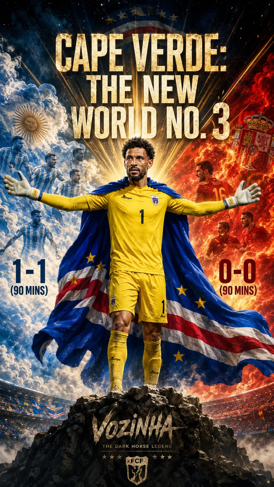 Cape Verde goalkeeper hero with flag cape on glowing pitch