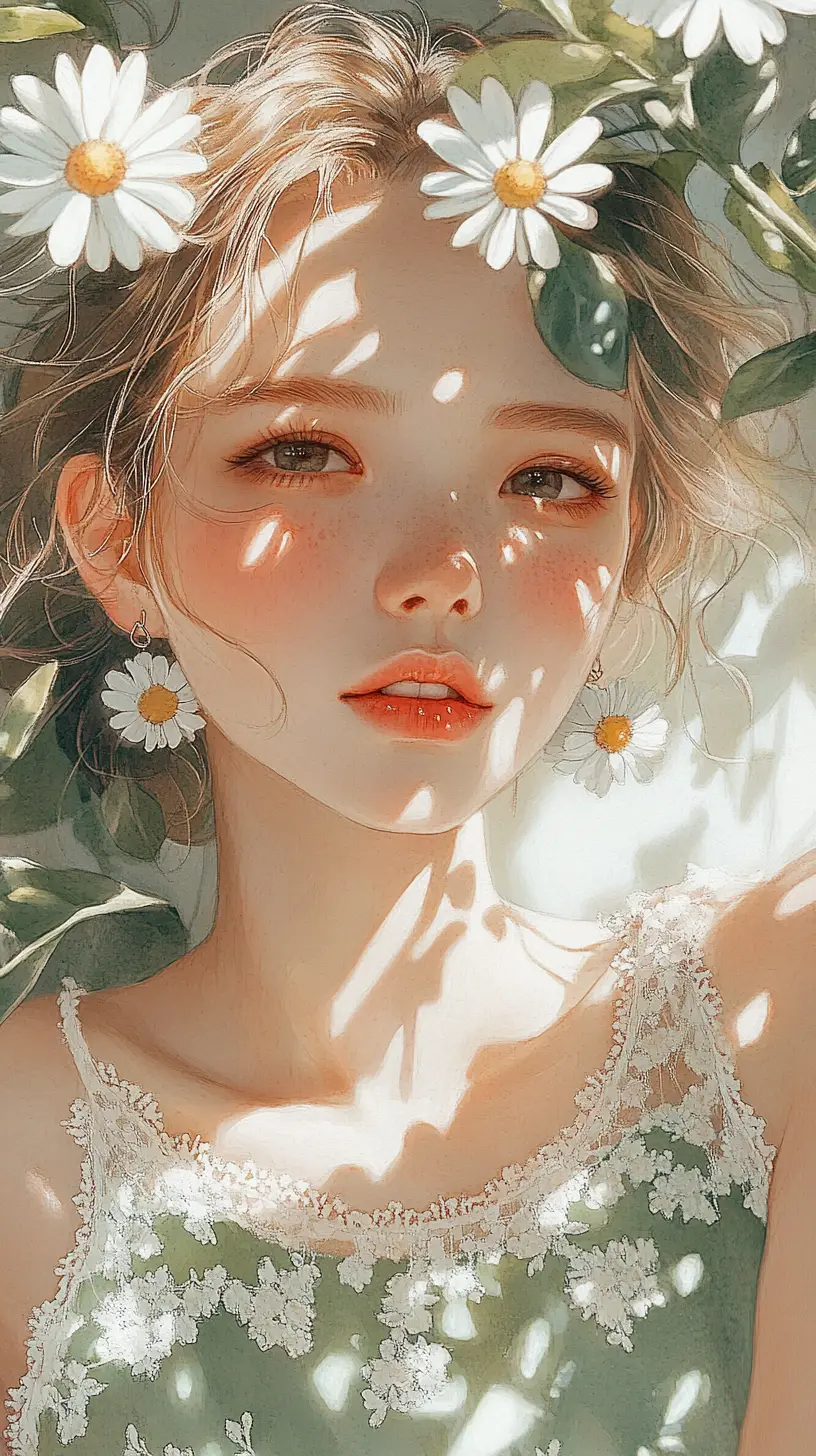 花園中害羞金髮女孩的水彩肖像