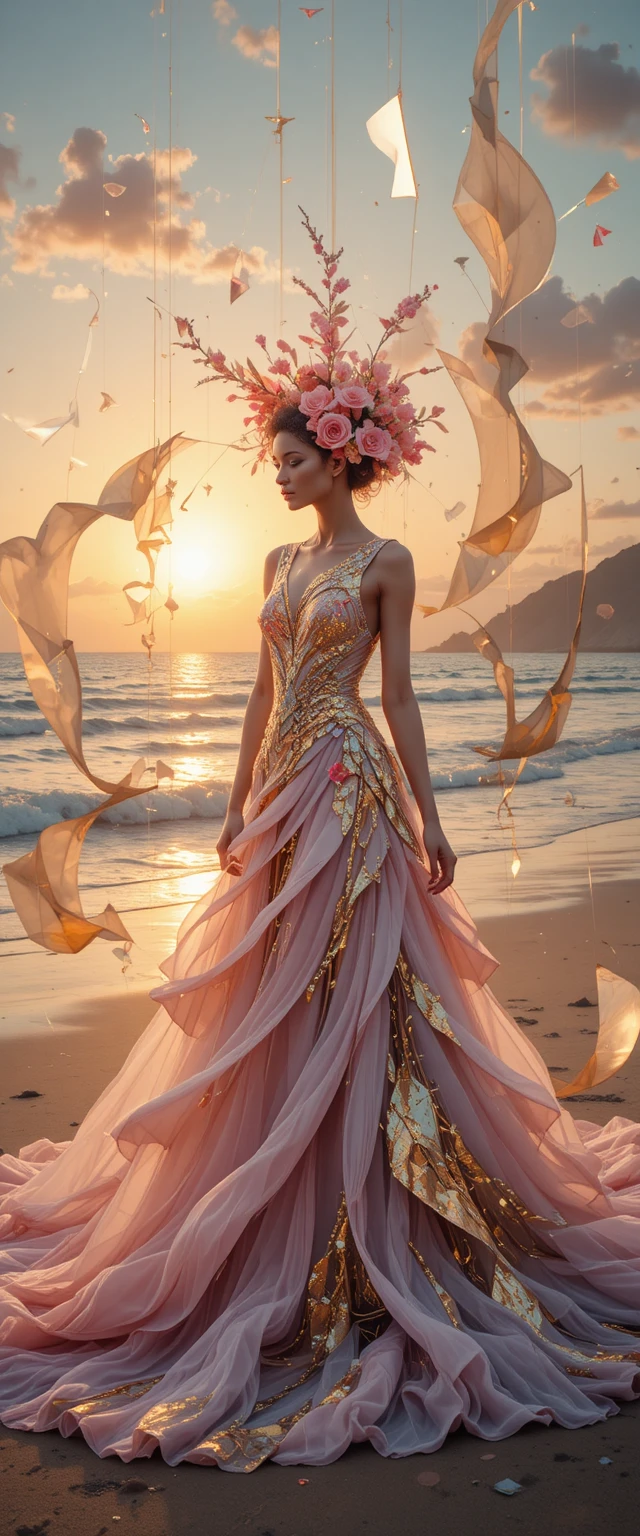 Surreal abstract woman in flowing gown on sunset beach