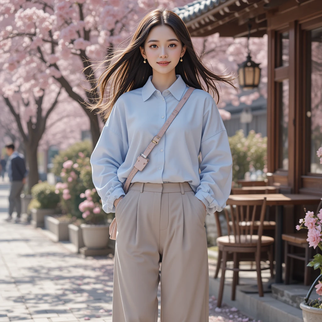 Garota coreana fofa com moda streetwear modesta em tons pastéis