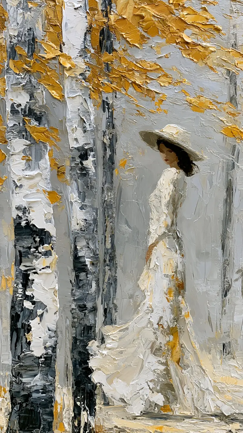 Woman In Wide Brim Hat Among Birch Trees Painting