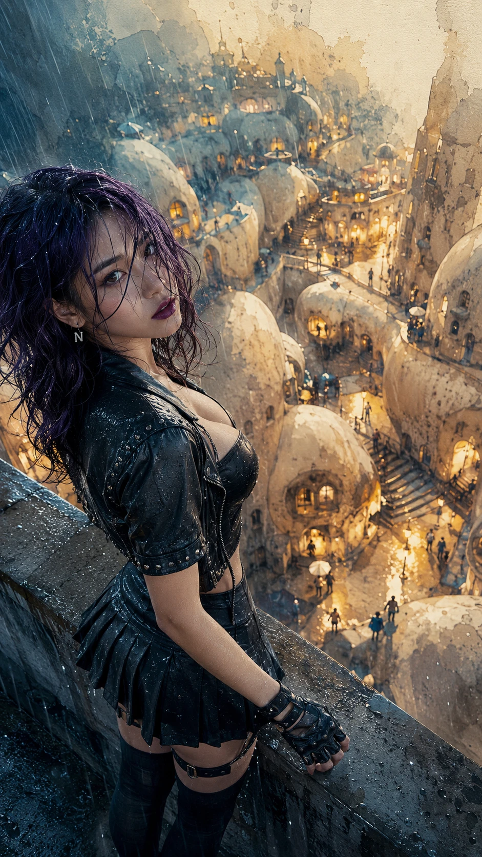 Donna dai capelli viola sotto la pioggia sopra una città surreale e luminosa