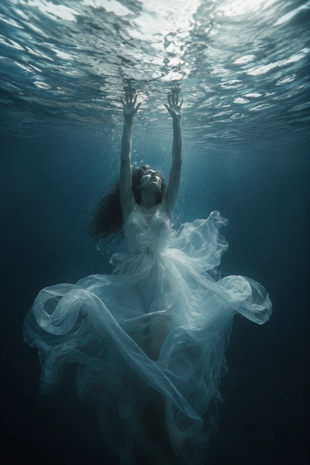 Mulher de vestido branco afundando em lago subaquático tranquilo