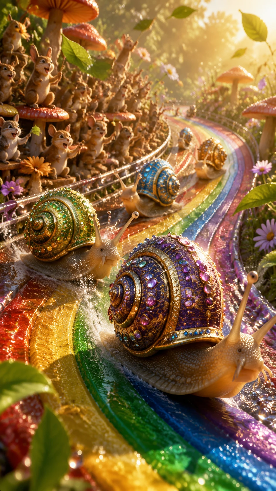 Corrida de caracóis fantástica em pista arco-íris ao nascer do sol