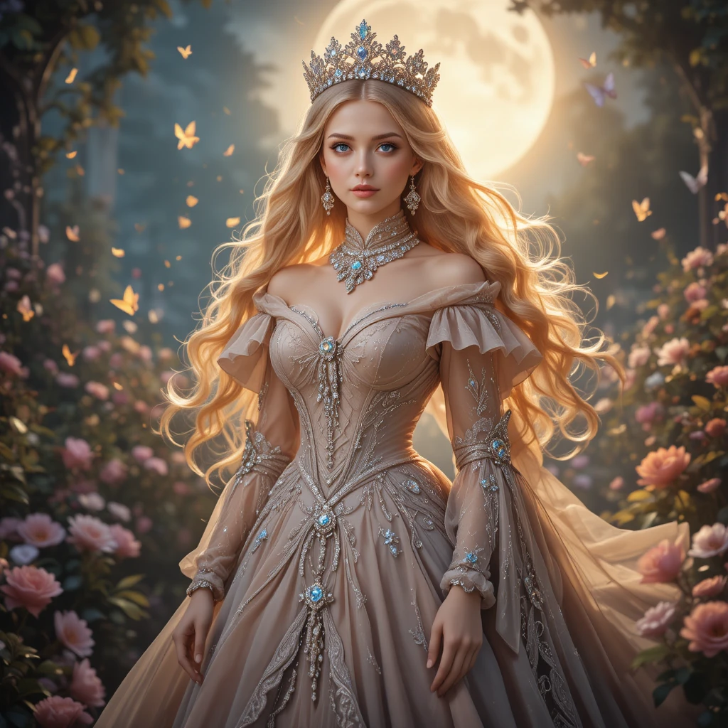 Royal fantasy princess in a moonlit magical flower garden