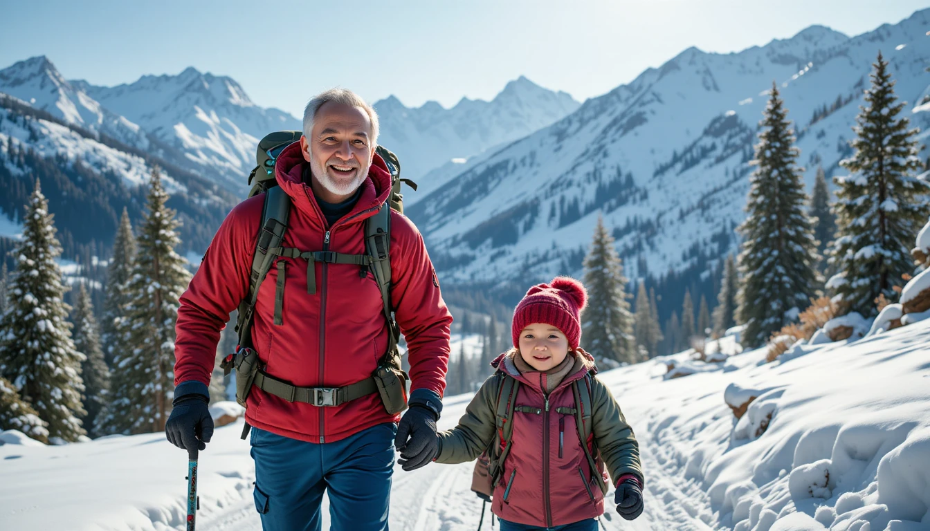 Famille souriante en randonnée ensemble dans un paysage de montagne enneigé