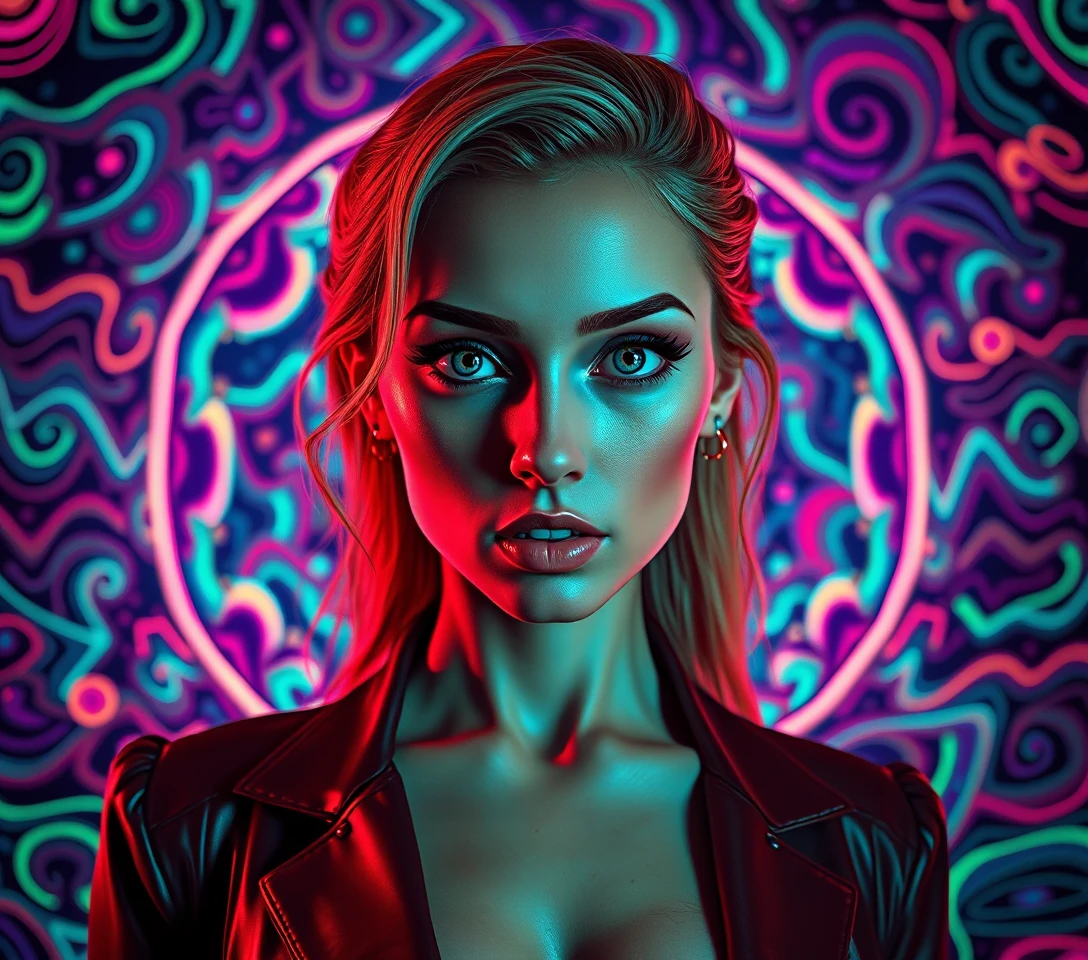 Bold surreal woman portrait with psychedelic neon background