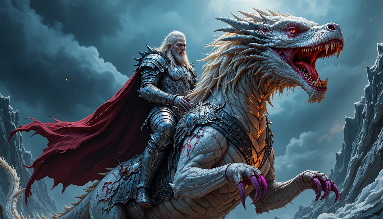 Chevalier chevauchant des dragons jumeaux sous un ciel orageux