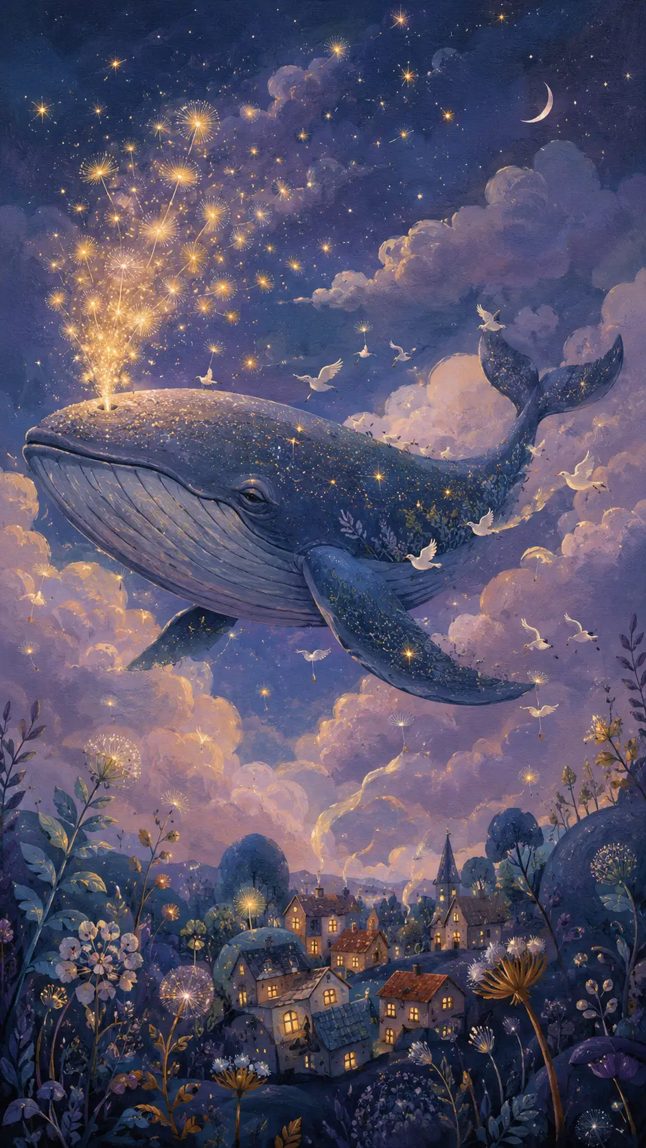在黃昏雲海中漂浮的天鯨，掠過村莊上空